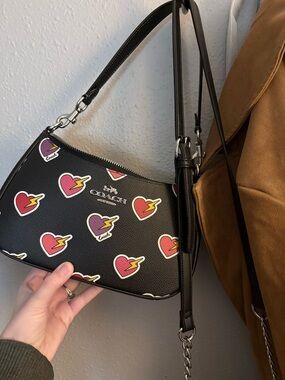 Coach Black Mini Shoulder Bag with Colorful Heart Lightning Print